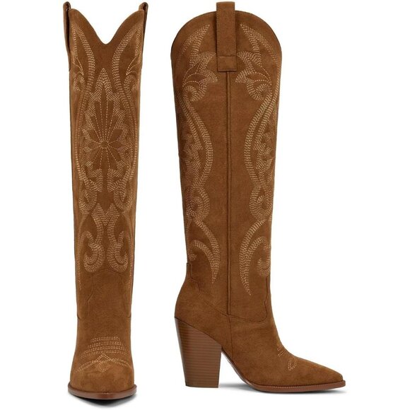 Women's Embroidered Brown Chunky Knee High Heel Western Tall Boots - Picture 2 of 6